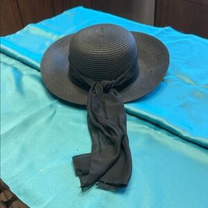 Elegant Black Wide-Brim Sun Hat with Scarf Accent